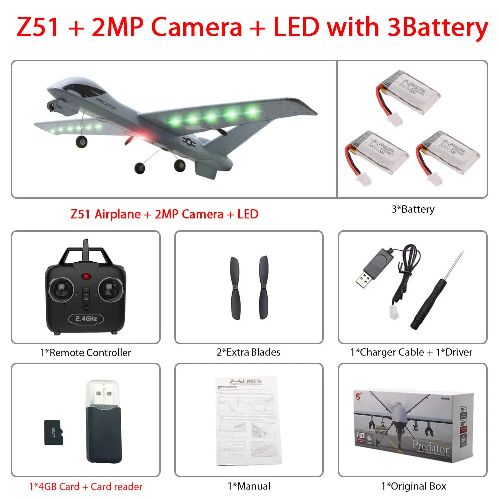 2MP-Led 3B color box Радиоуправляемый самолет Z51 из ЕПП-пены с HD камерой 2 Мп или без камеры, 20 минут в полете - Цвет: 2MP-Led 3B color box