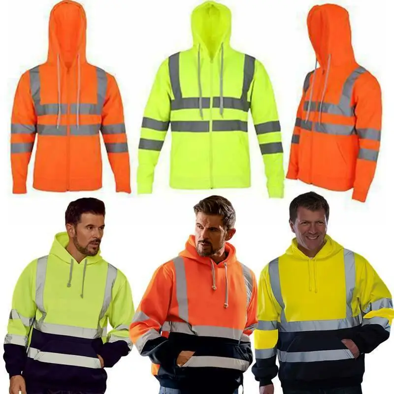 

Men High Visibility Sweatshirts Male Warm Work Zip Hooded Sweatshirt Pocket Coat 5XL Reflective Article Harajuku Man Hoodies