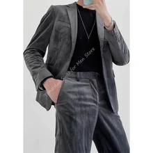 Abrigo de solapa de 2 piezas para hombre, Blazer de terciopelo gris hecho a medida, conjuntos de trajes cálidos para hombre, traje de novio, ropa de fiesta de boda, chaqueta + Pantalones (3)