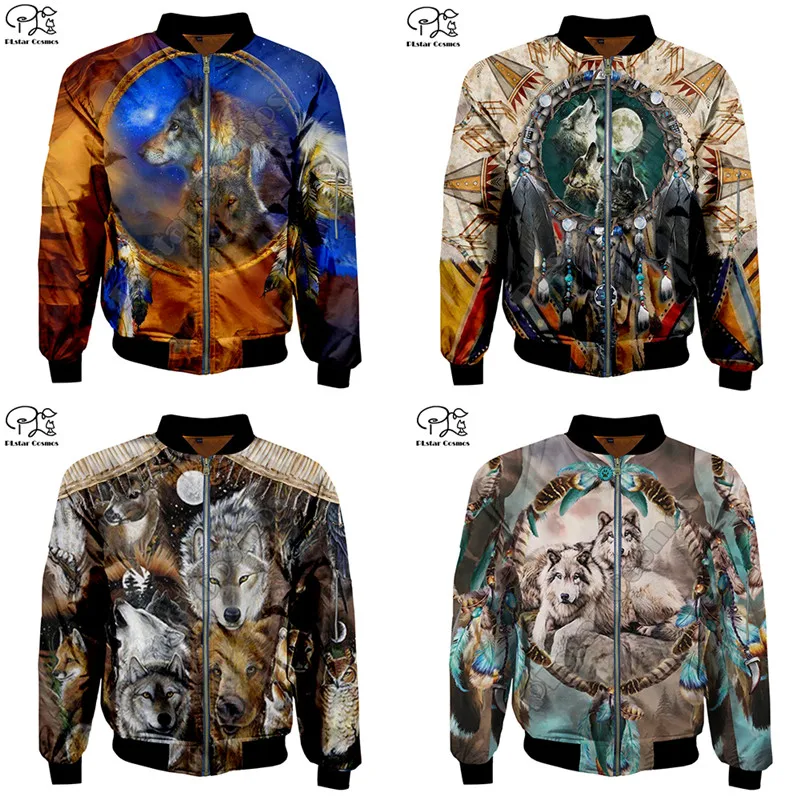 Размер США для мужчин 3d зимние куртки бомберы индейцев волк печати плотная