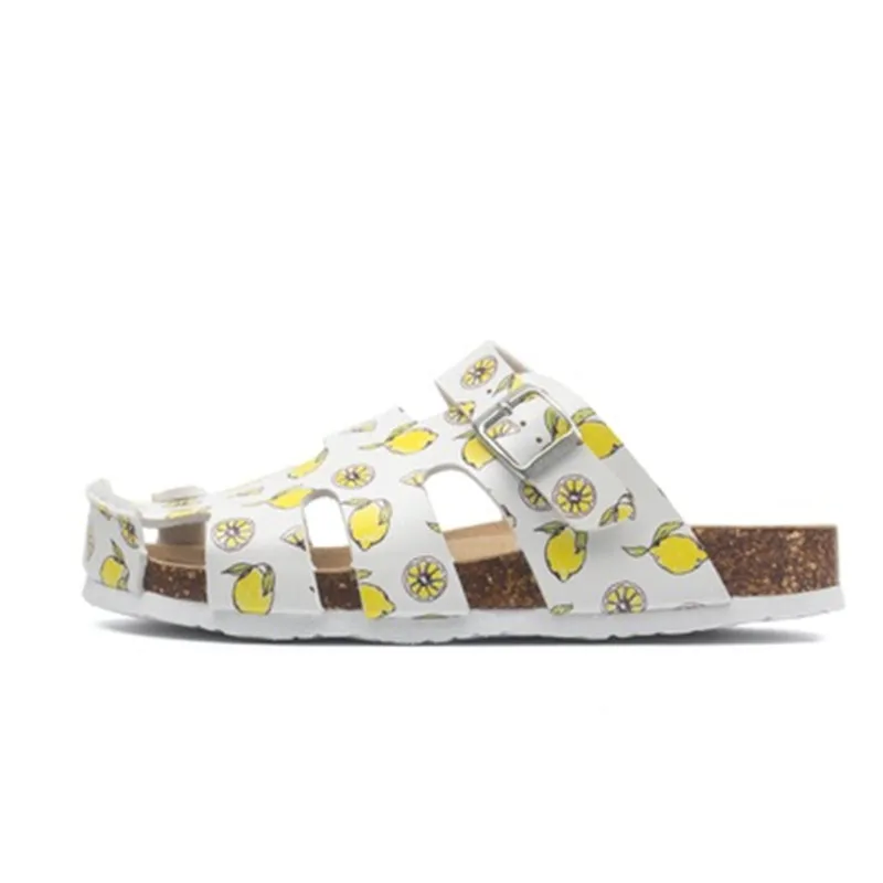 Тапки женские кожаные с принтом повседневные пляжные шлепанцы из пробки на