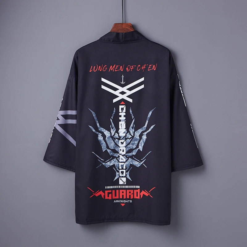 

#5034 Kimono Jacket Men Black Cardigan Summer Sunscreen Coat Short Sleeved Loose Print Jacket Outerwear Coat Thin Harajuk Summer