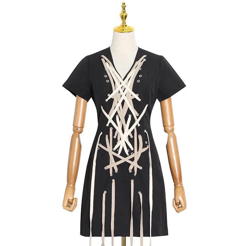 

New dark woven cross drawstring strap waist slim dress women tide