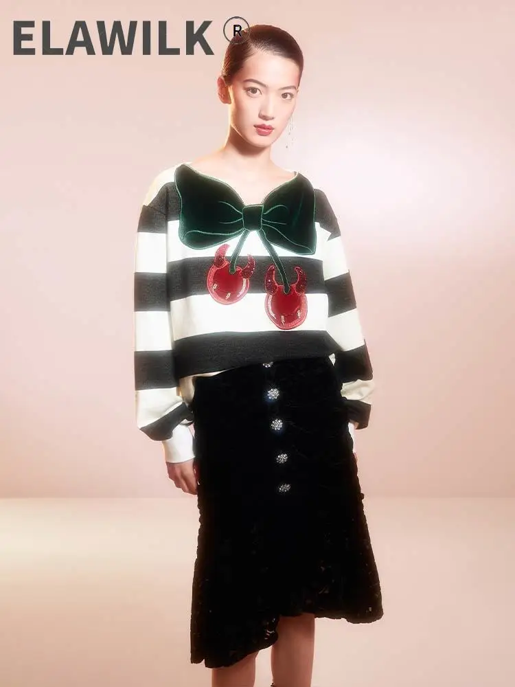 

Harajuku WOmen Sweater 2021 Autumn Female Big Bows Diamonds Beaded Casual Loose Striped Pullover Cute Women's Top