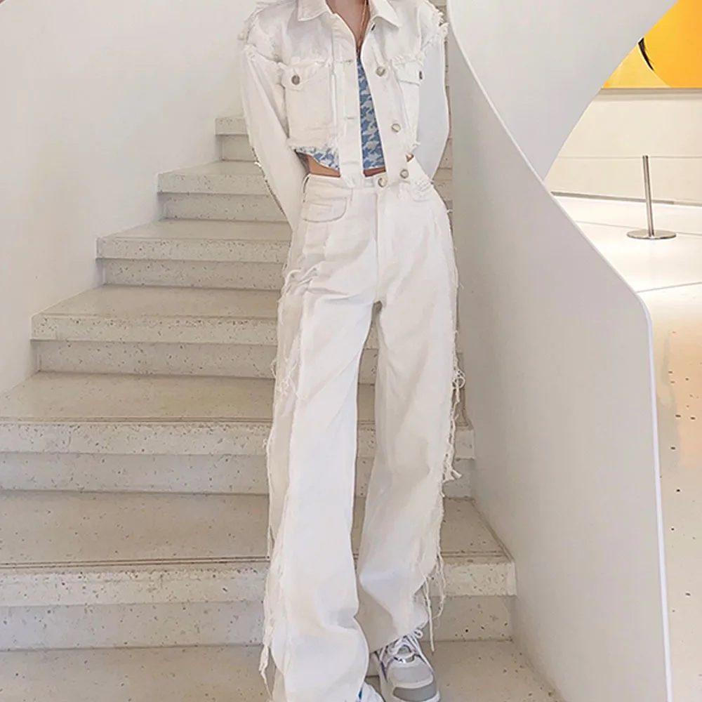 Fall 2021 New Fashion Chic Raw Edge Design Harajuku Street High Waist Straight Wide Leg Jeans Women All-match Denim Trousers |