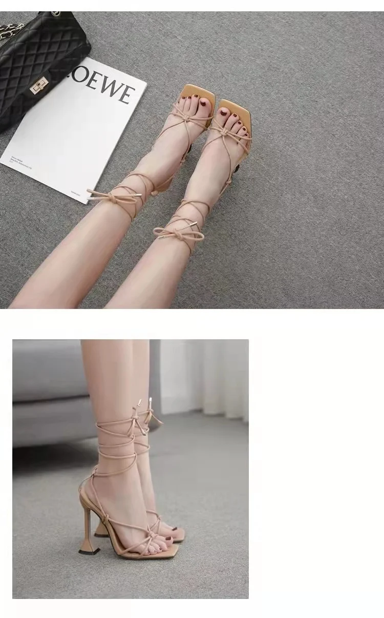 

2021 new ins same style Kardashian Roman high-heeled sandals square toe flip flops strappy sandals