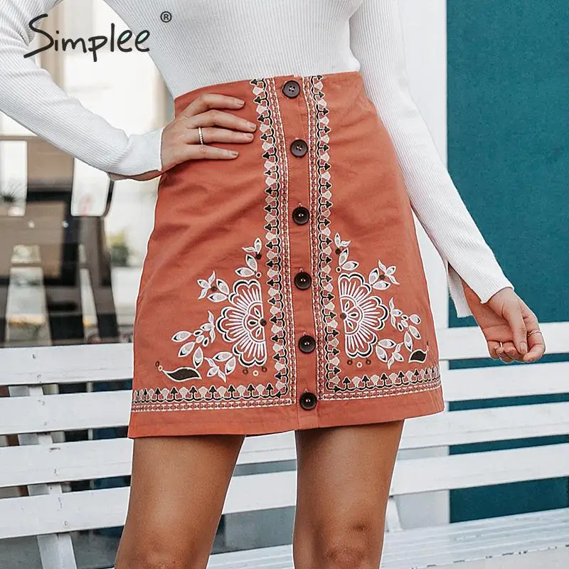 Simplee этническая винтажная юбка цветочная вышивка женская короткая юбка-линия пуговица Высокая талия
