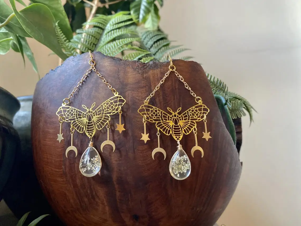 

Resin Flower Moth Earrings, Hypoallergenic, Wanderlust Jewelry