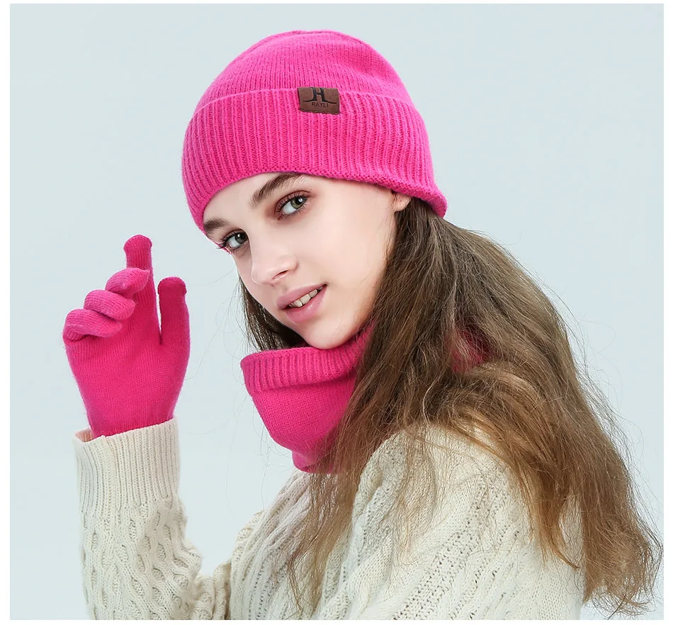 Evrfelan New Warm Winter Hat Scarf Gloves Set Women Men Thick Touch Screen Gloves Thick Soft Beanies Hat Ring Scarf Unisex