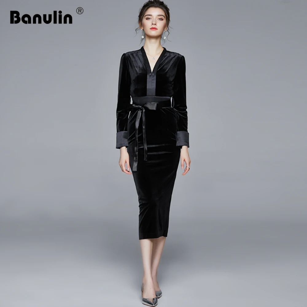 

Banulin 2020 Runway Autumn Winter Black Velvet Dress Women V-Neck Sashes Bow Long Sleeve Bodycon Evening Party Dresses