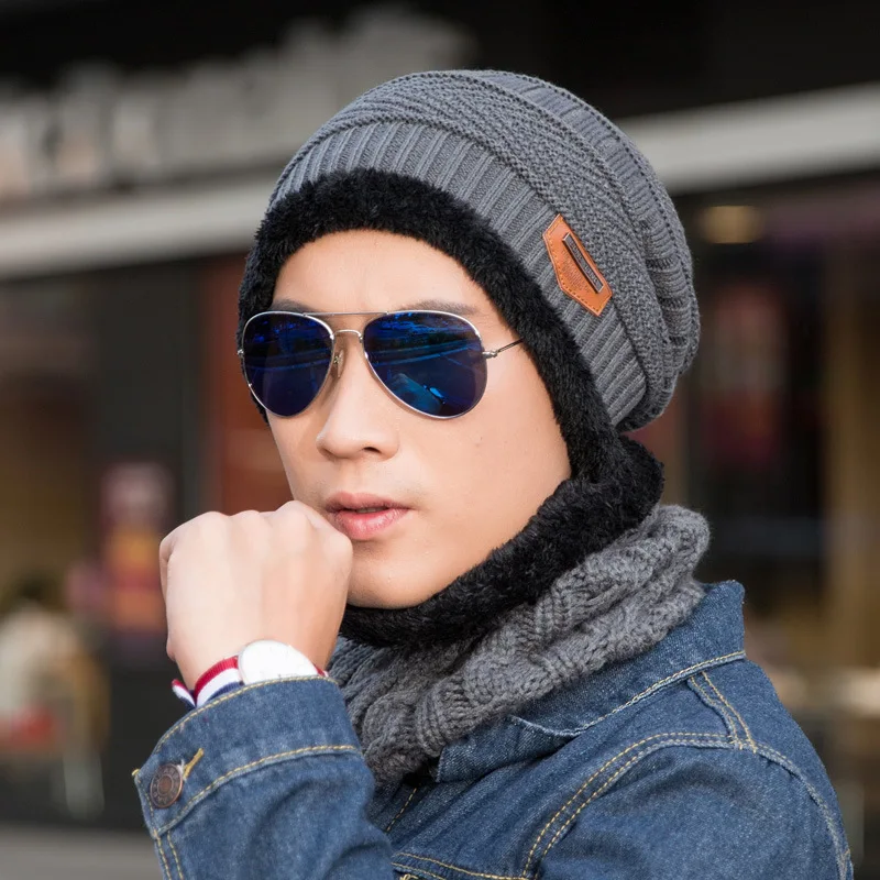 Шеи теплые вязаные шапки и шарфа комплект мех подклад из шерсти толстые шапочки