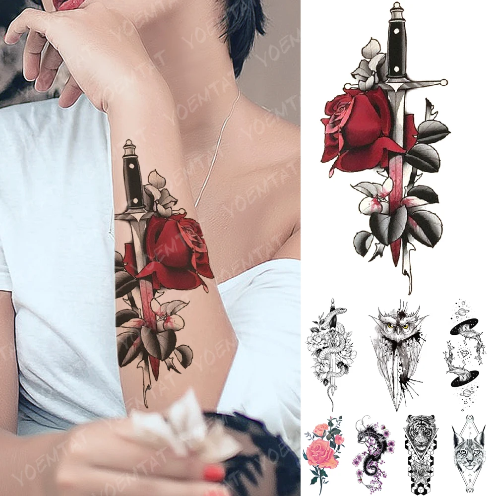 

Waterproof Temporary Tattoo Sticker Rose Sword Snake Heart Flash Tattoos Owl Dragon Universe Body Art Arm Fake Tatoo Women Men