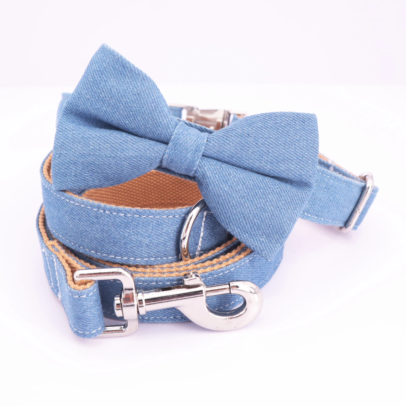 

Jeans Bow Tie Dog Collar and neck tie collar leash and Personalized Engraved Dog Collar with All Metal Buckle