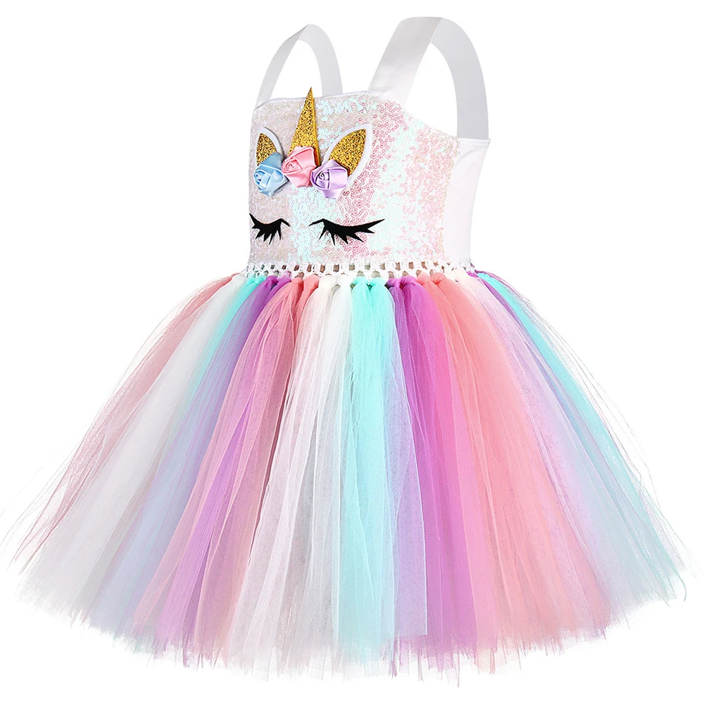 Pastel Sequins Girls Unicorn Tutu Dress Child Birthday Party Pony Costume Outfit Kids Christmas Halloween Carnival | Детская одежда и