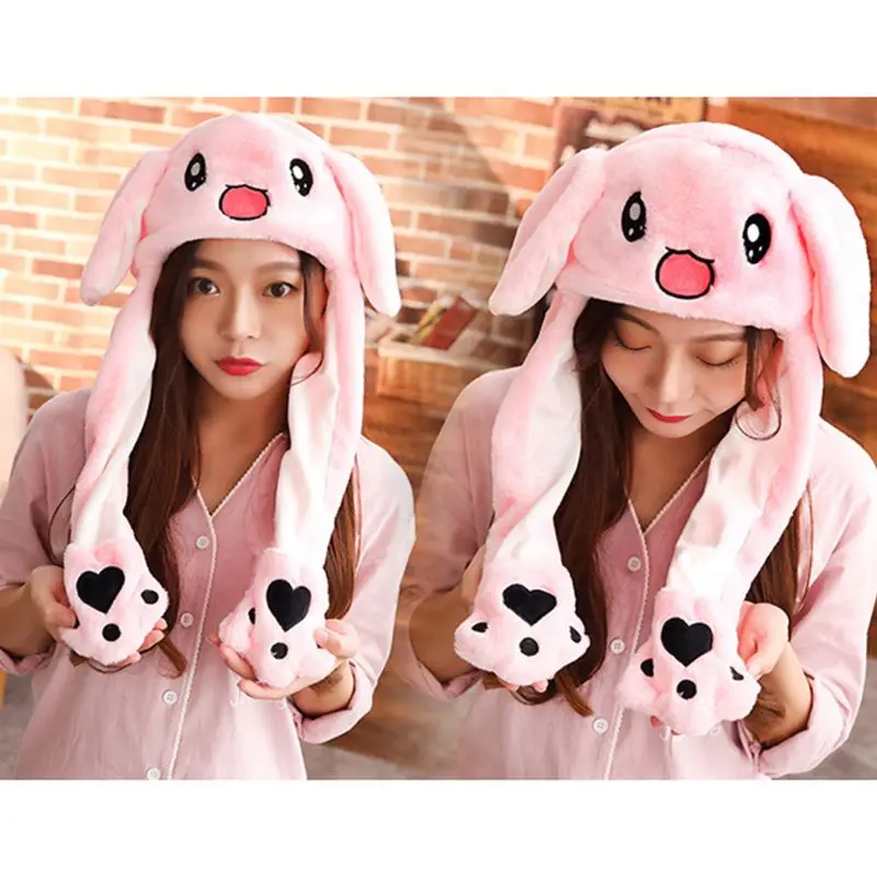 Милая плюшевая шапка в виде мультяшных животных, Kawaii, подушка безопасности, подвижные прыгающие уши, шапка-ушанка с лапами для взрослых и детей
