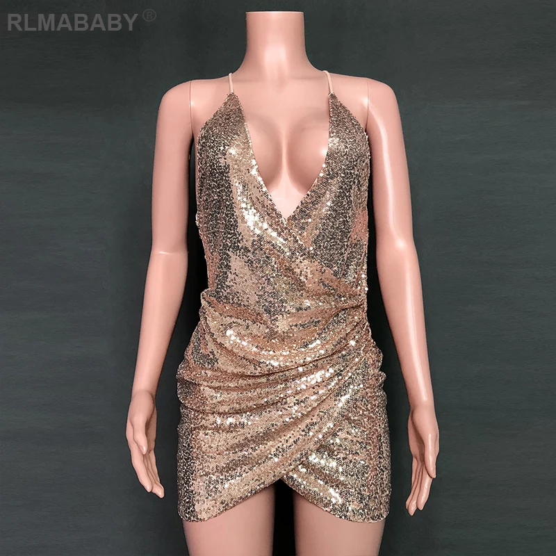 RLMABABY Sexy Deep V-Neck Backless Bodycon Sequin Mini Dress Women Spaghetti Strap Night Club Party Ruched Christmas | Женская одежда