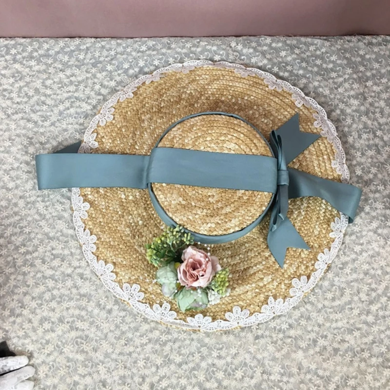 

Lolita Handmade Straw Sun Hat Artificial Floral Vintage Elegant Tea Party Wide Brim Travel Beach Ribbon Bow Flat Cap