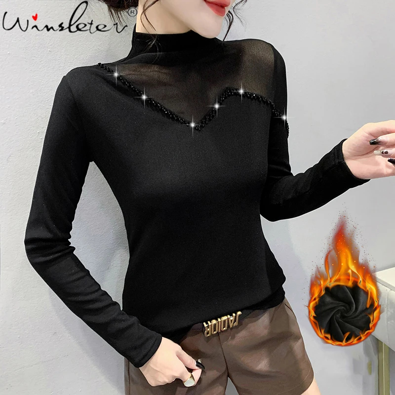 

MadBlack Fall Winter Cotton Thick Fleece Cotton T-Shirt Sexy Turtleneck Elegant Shiny Beads Warm Women Tops Lady Tees T1N028A