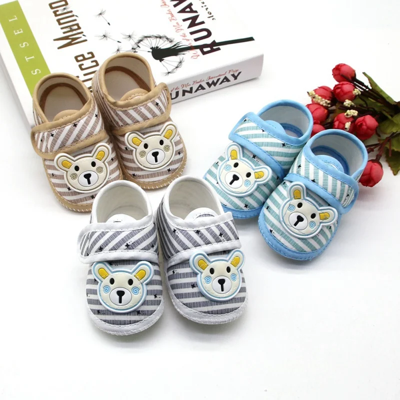 

Baby Boy Girl First Walkers Cartoon Cotton Shoes Bear Pattern Stripes Sneakers Newborn Kid Soft Sole Toddler Footwear 0-18M 32