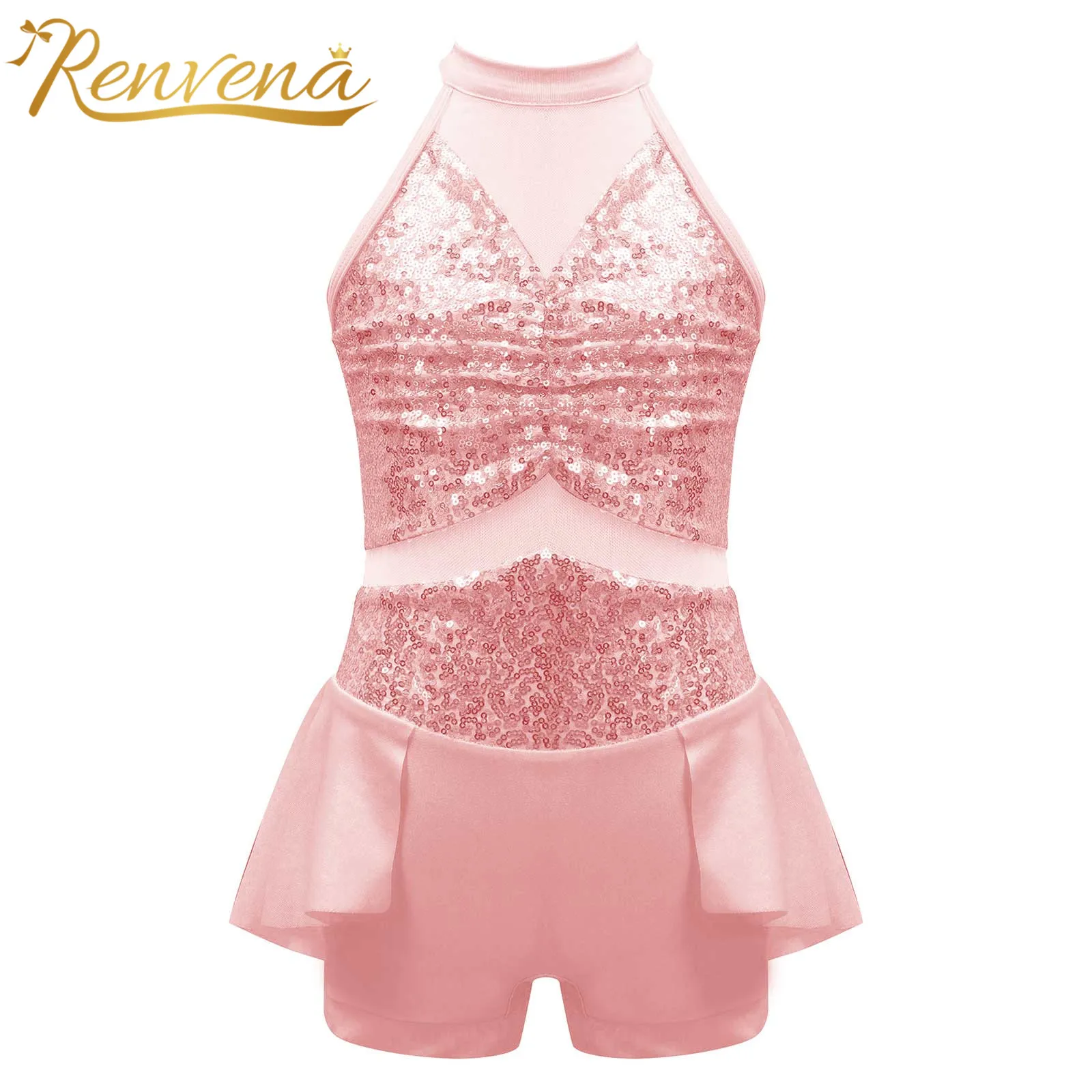 

Kids Girls Sequin Shorty Unitard Dress Ballet Gymnastics Leotard Halter Sleeveless Bodysuit Rave Outfits Jazz Dancing Costumes