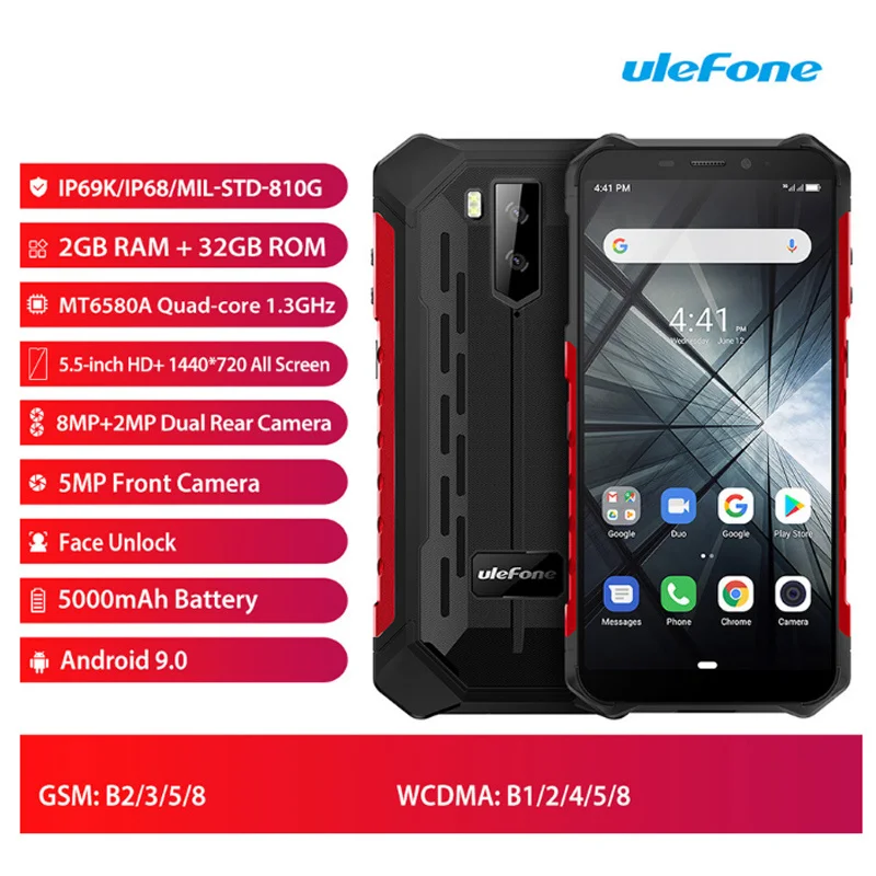 Перейти на Алиэкспресс и купить Ulefone Power X3 прочный смартфон 2 Гб Оперативная память 32GB Встроенная память 5,5 дюймMTK6580 4 ядра Android 9,0 5000 мАч 8.0MP отпечатков пальцев мобильный телефон
