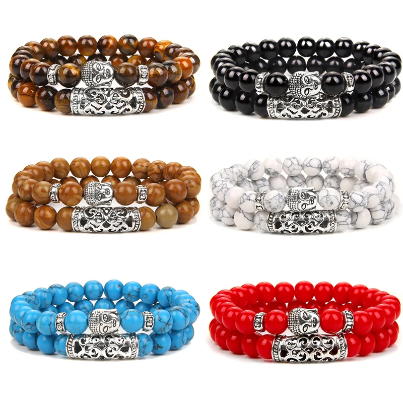 

2pcs/set Buddha Head Charm Bracelet Natural Stone Tiger Eye Bracelets Men Women Reiki Yoga Energy Prayer Bracelets Jewelry