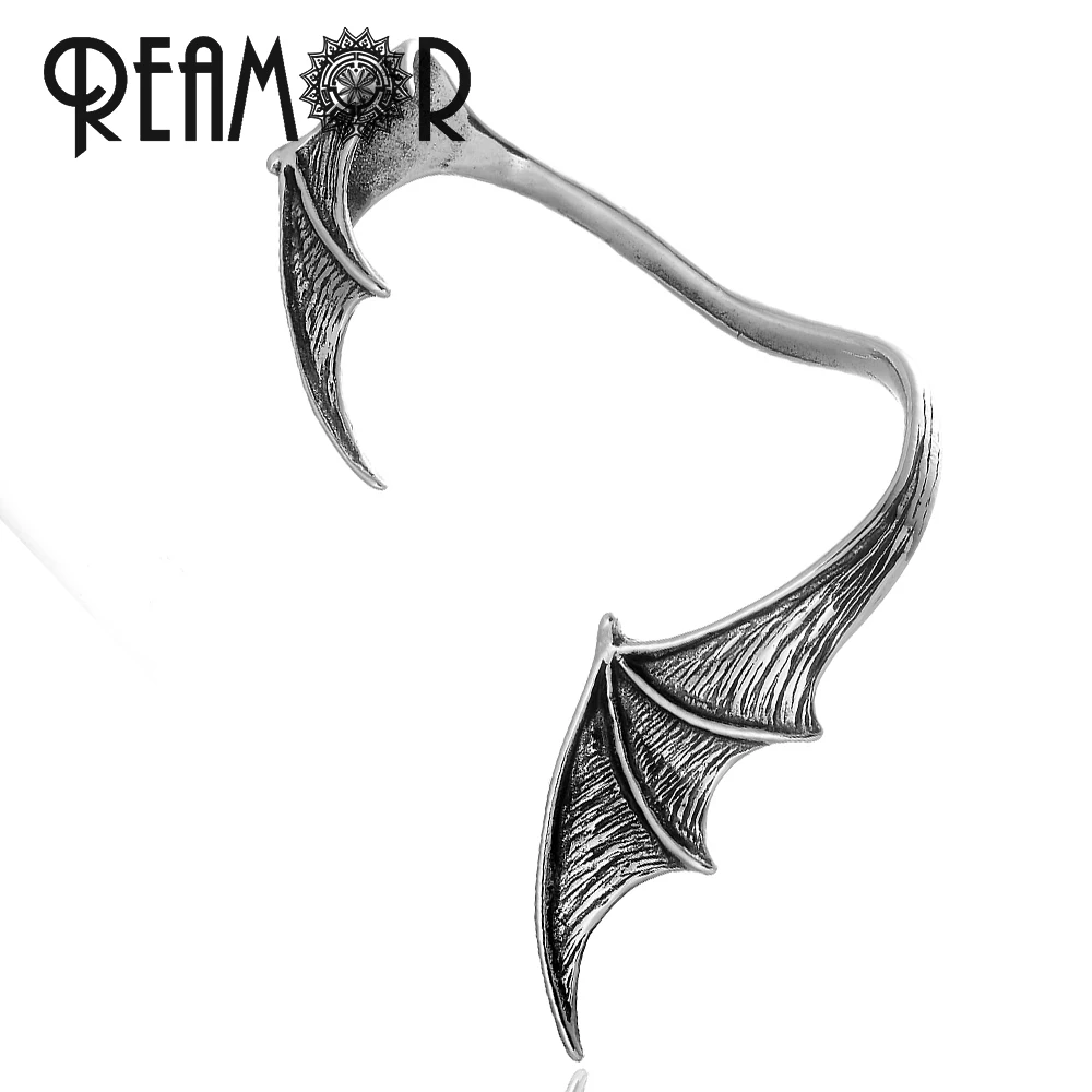 REAMOR Dragon Wings Cuff Stud Earring For Women Men Cosplay Stainless steel Bat Twining Ear Clip Gothic Wild Style Jewelry Gift