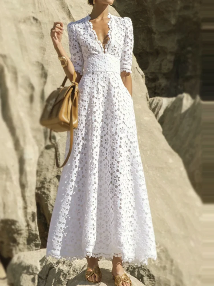 

Temperament Commuter V-neck Middle Sleeve Elegant Fashion Design Lotus Leaf Side Cut Flower Hollow Out Women's Dress