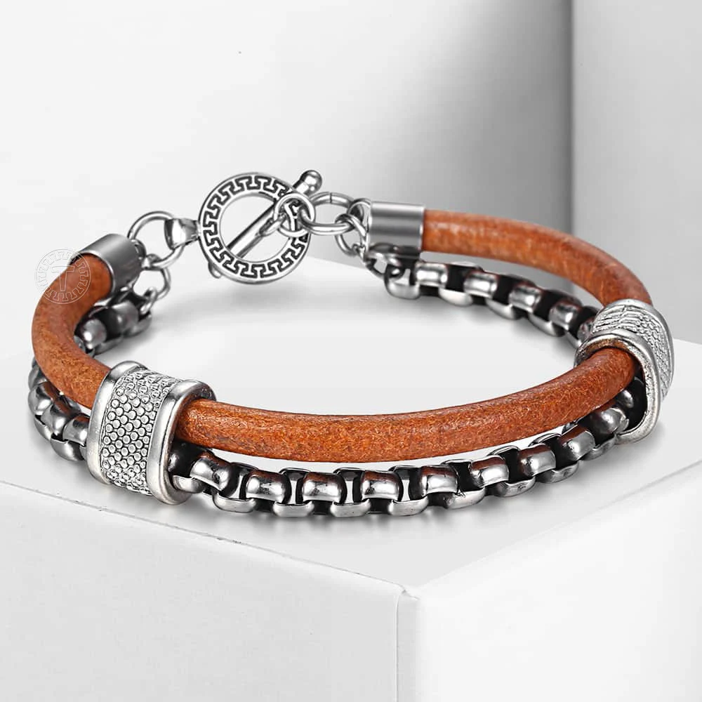 

Davieslee DoubleLayers Mens Bracelets StainlessSteel GenuineLeatherBraceletsforMens Link Chain New Arrival LTBX00401