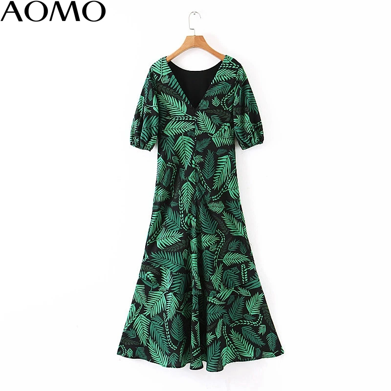 

AOMO 2020 fashion women leaf print ruffles summer dress o neck short sleeve ladies vintage chiffon dress vestidos 1J10A