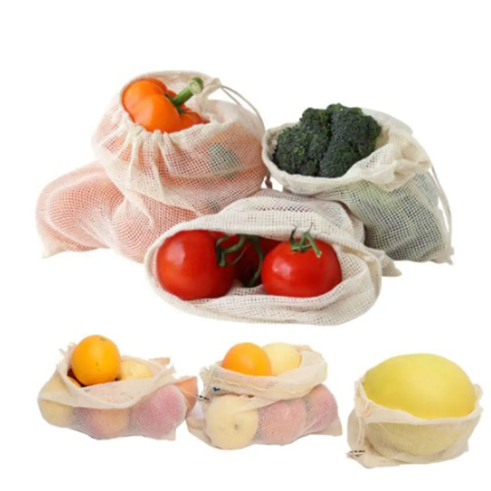 Зеленая сетчатая Хлопковая Сумка для супермаркета сумки с завязками фруктов и