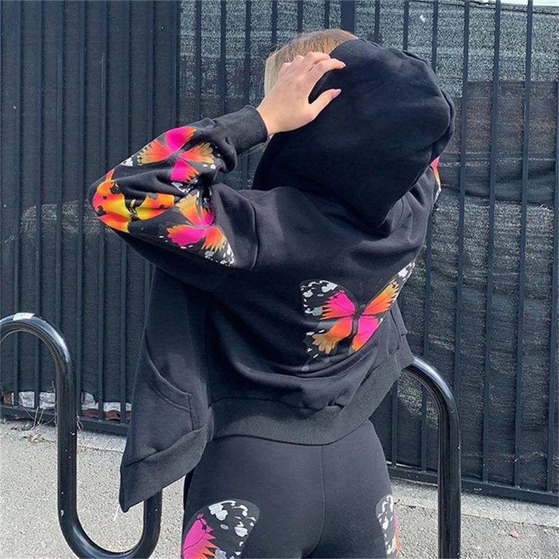 

2pcs Tracksuit Butterfly Printed Women Sport Set Female Clothes Zipper Up Hooded Coats Pants Fashion Streetwear