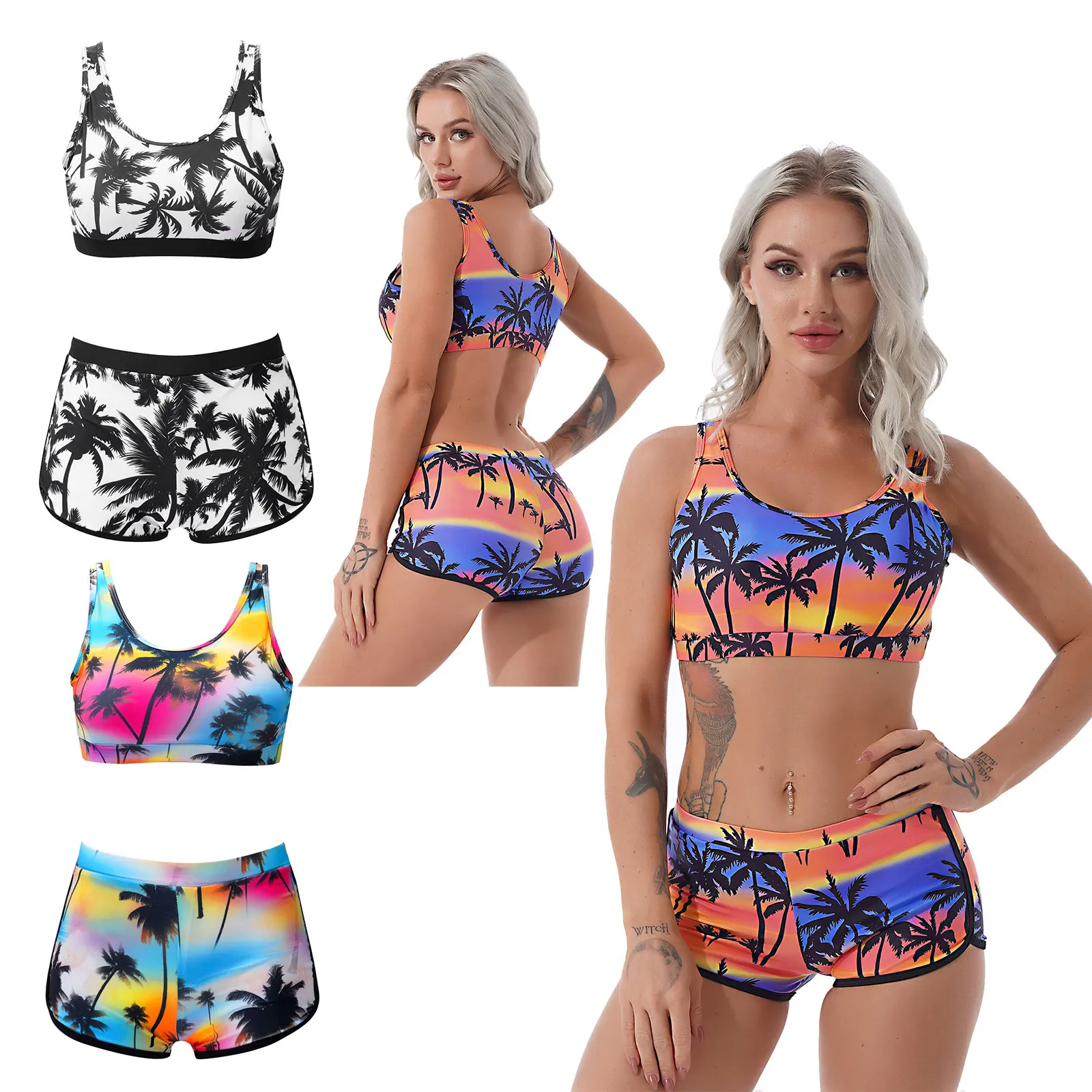 Летний женский купальник из 2 предметов TiaoBug с U-образным вырезом без рукавов со