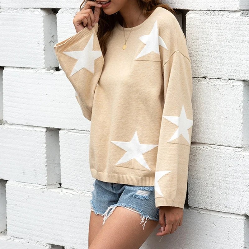 

Womens Long Sleeve Star Pullover Sweaters Autumn Winter Knit Sweater Casual Loose Jumper Sweaters Outwear