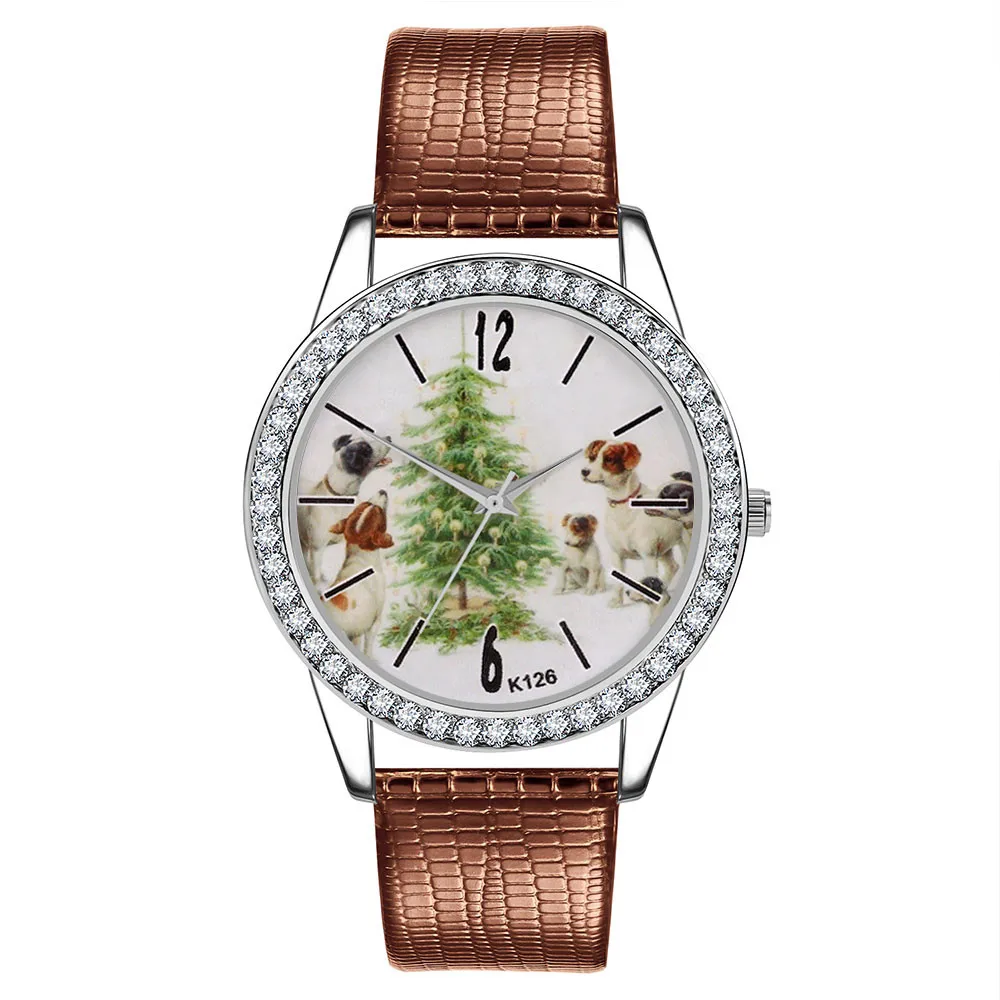 

Dogs And Christmas Tree Print Watch Christmas Gift Printed Dial Belt Inlaid With Diamond Digital Scale Watch Women's 2020
