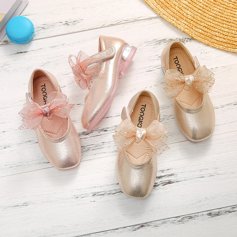 Весна 2020 Детская обувь принцессы с бантом из искусственной кожи на каблуке