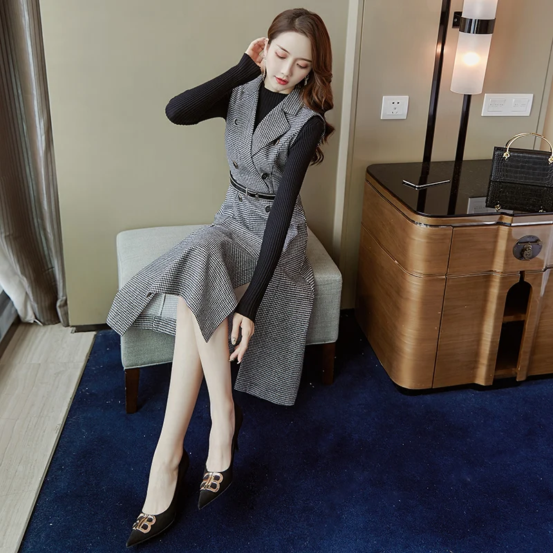 Женское твидовое платье с отложным воротником в клетку зимний комплект из двух