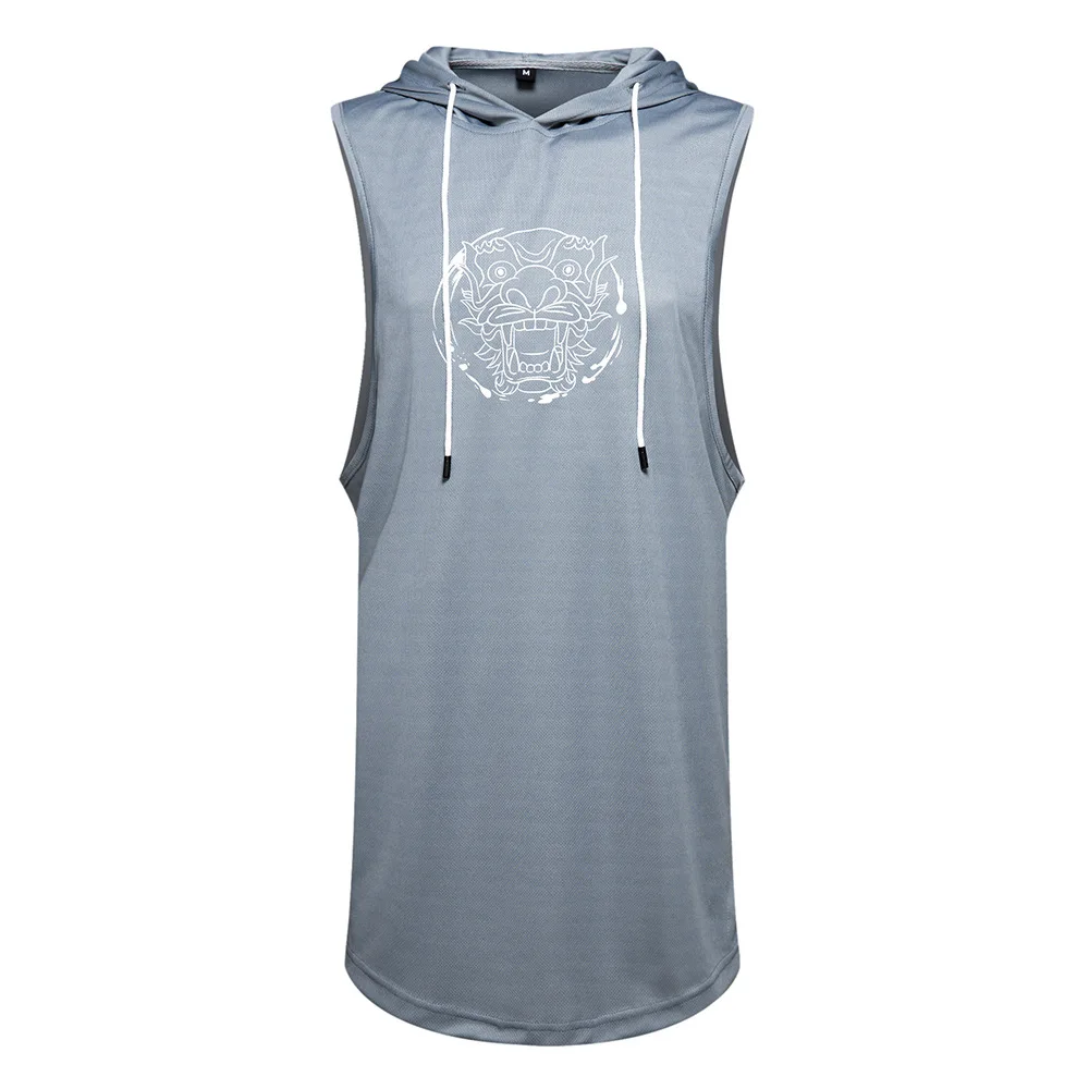 

Sleeveless Sportswear Vest Hooded Shirt Fashion Chinese Style Lion Print Men Sleeveless Gym Top Tanks for Men Fitness Clothing