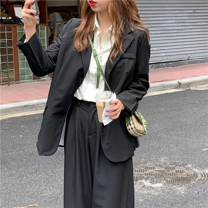 HziriP Autumn All Match Office Lady OL Style Solid Elegant Blazer+Straight Casual Loose Trouser Women Suits 2 Piece Sets