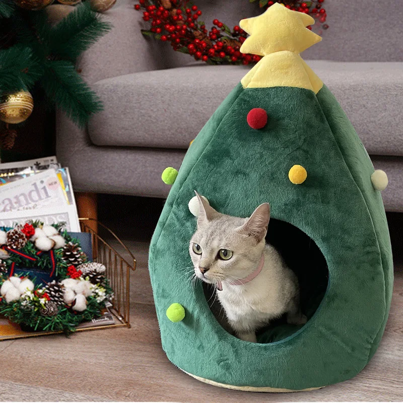 

Christmas tree cat kennel bed cave dog winter warm kitten kennel cushion tent winter cat house mat pet supplies cat beds