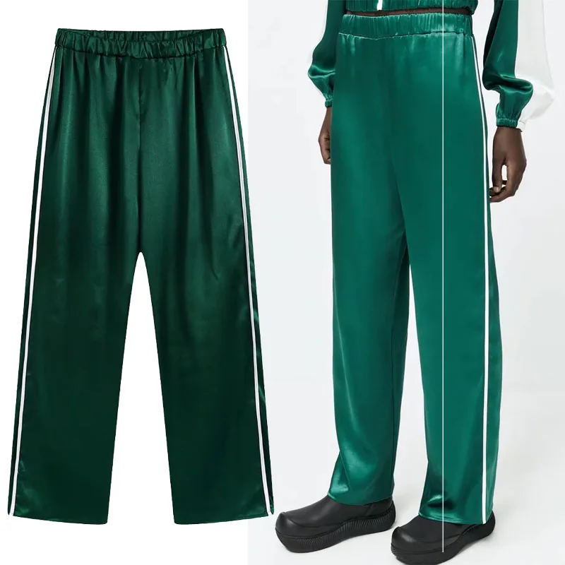 

ZA Women Elegant Green Long Pants Elastic Waist Pants Streetwear 2021 Autumn High Street Casual Trousers Fashion Female Pants