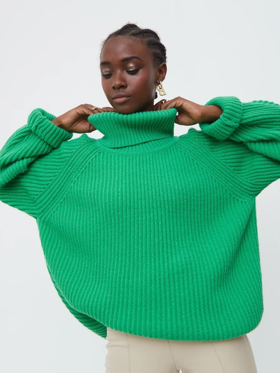 

Autumn Winter Casual Women Knitted Turtleneck Wool Sweaters Solid Warm Female Knitted Pullover Loose Basic Knitwear Jumper