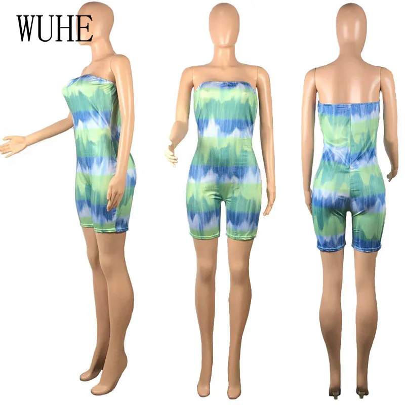 

WUHE Women Off Shoulder Bodycon Sexy Party Romper High Waist Beach Short Playsuit Print Summer Strapless Jumpsuit Overalls