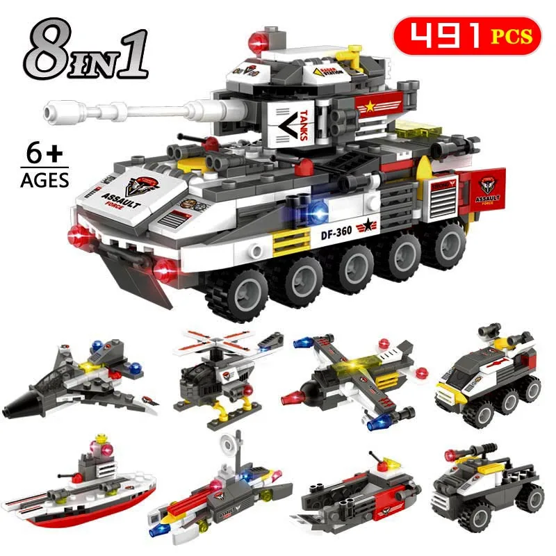 8 в 1 491 шт. Детский конструктор Военный танк|Блочные конструкторы| |