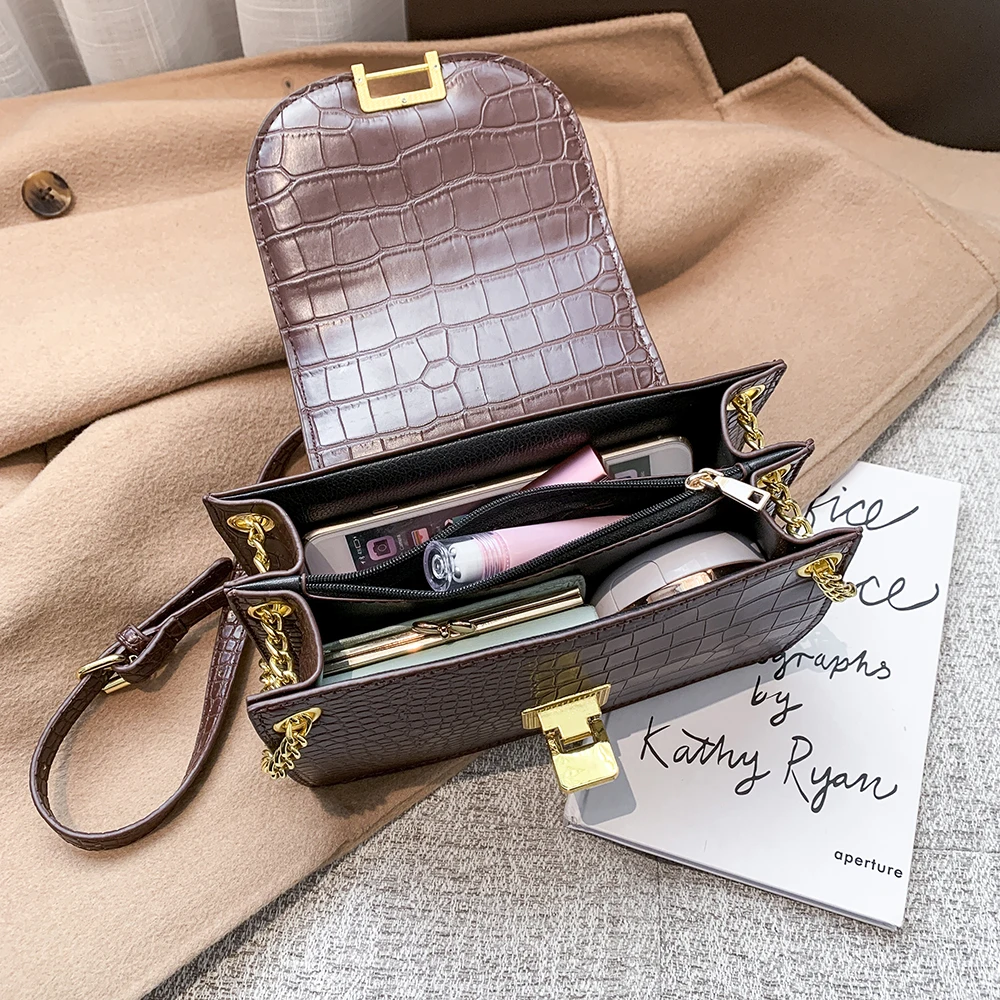 

2021 New Crocodile Pattern Fashion Shoulder Bag PU Leather Luxury Messenger Crossbody Bags For Women Chains Handbags Flap