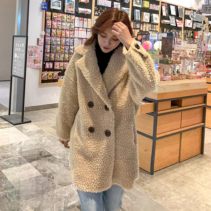 

Women 2020 Autumn Winter Real Sheep Shearling Lamb Fur Coat Female Wool Fur Jacket Vintage Double-Breasted Casual Outerwear L846