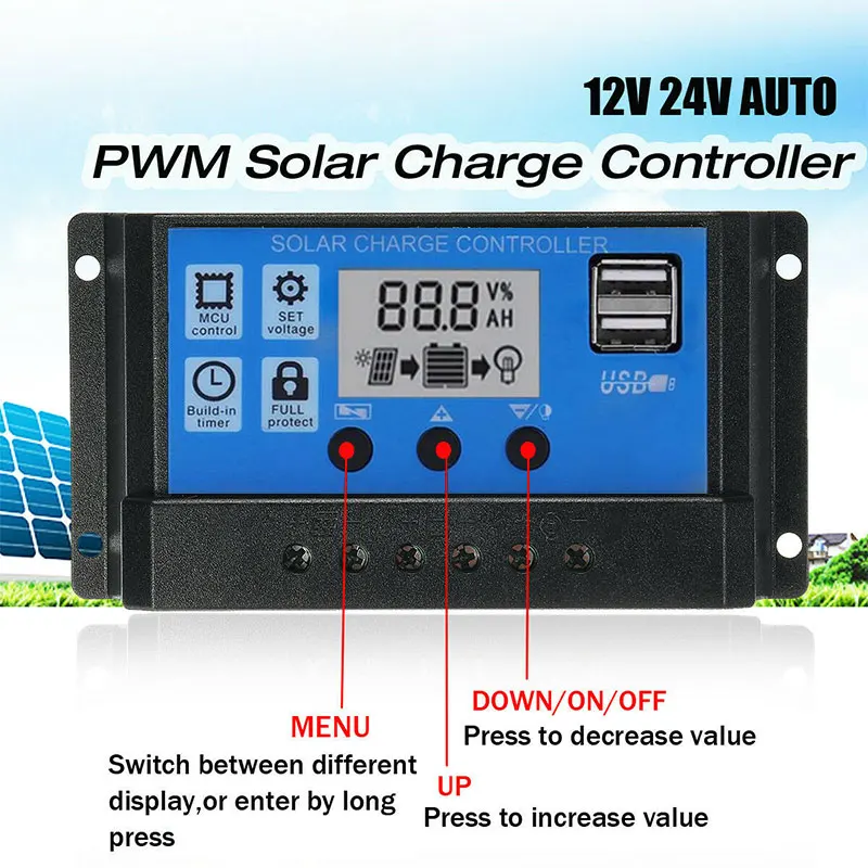 PWM режим 2 USBDC 12/24V 10-100A панели солнечных батарей регулятор напряжения зарядки