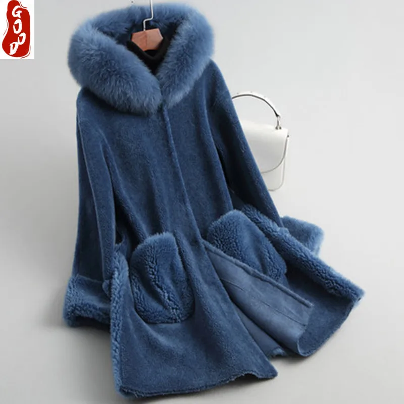 

Winter Jacket Women Natural Sheep Shearing Coat Female Parka Real Fox Fur Hooded Clothes Spring Wool Clothing LPL1359