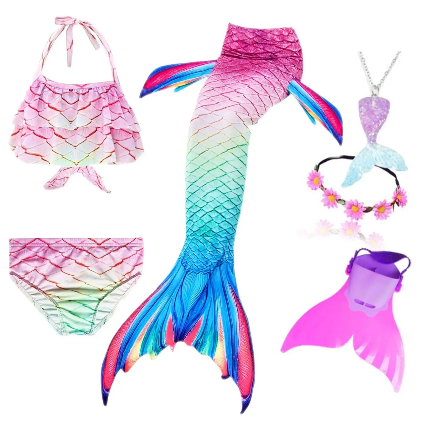 

Kids Swimmable Mermaid Tail for Girls Swimming Bating Suit Mermaid Costume Swimsuit can add Monofin Fin Goggle with Garland