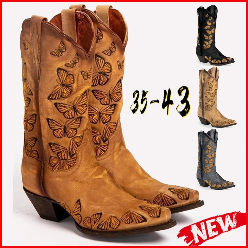 

Women PU Boots Rustic Tan Embroidered Cowgirl Boots Western Boots Womens Retro Knee High Boots Handmade Leather Cowboy Boots